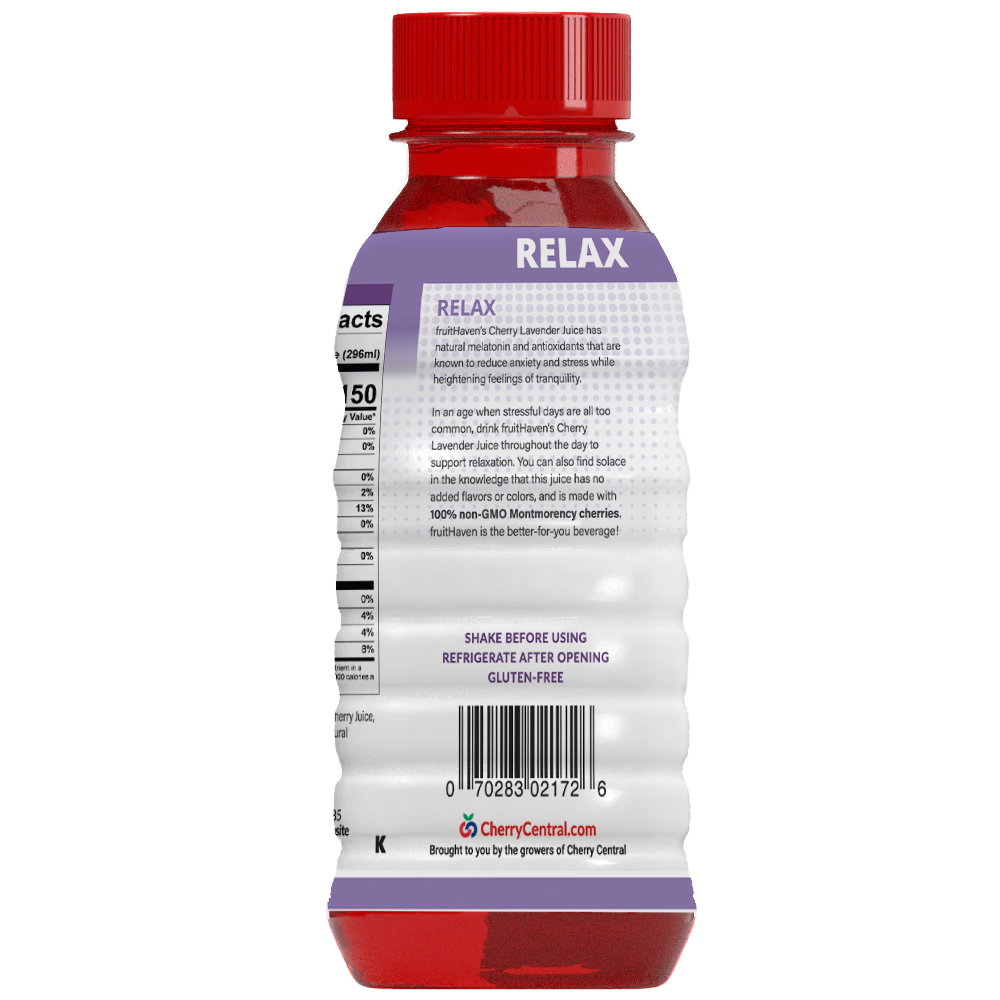 Bottle of fruitHaven Cherry Lavender Juice on a purple polka dot background